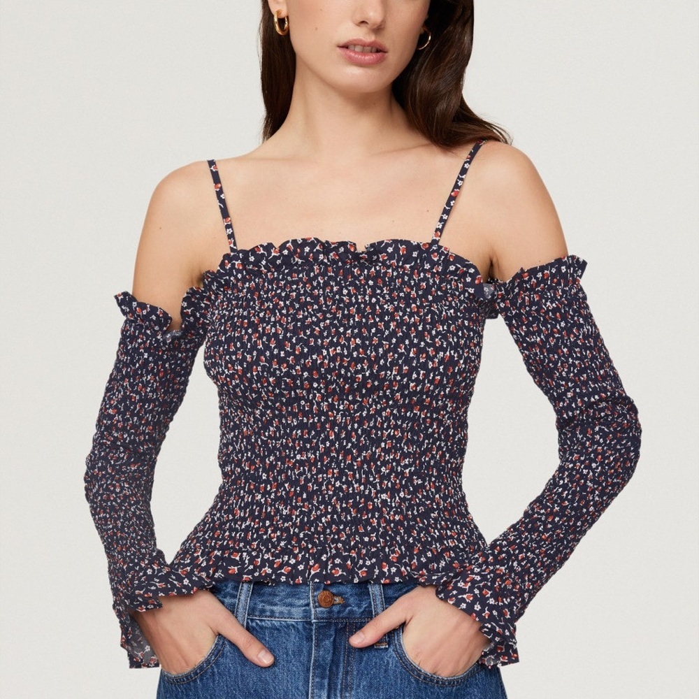 Polo Ralph Lauren Kezia Smocked Off The Shoulder Floral Top Size L - Navy - NWT